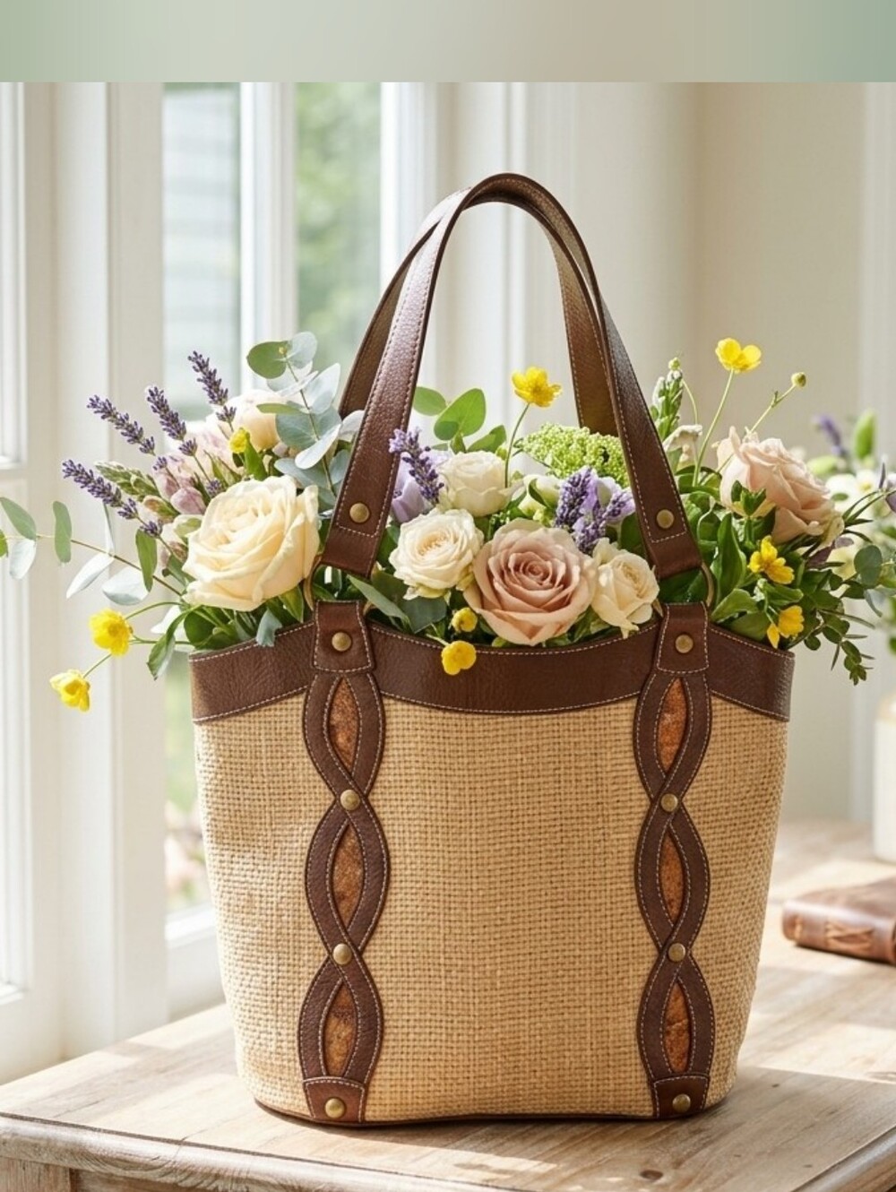 Cream Woven Imitation Straw Tote Brown Trim -  Shoulder Bag Or Floral Display